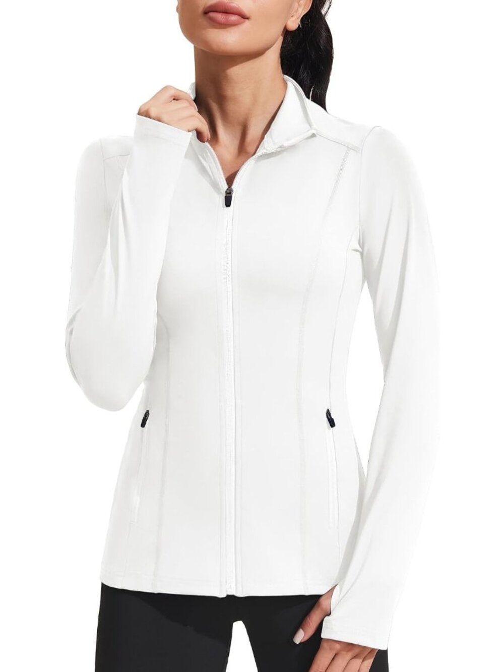 Women White Mild Weather Zipper Pockets Long Sleeve Full Zip Up Trench jacket
